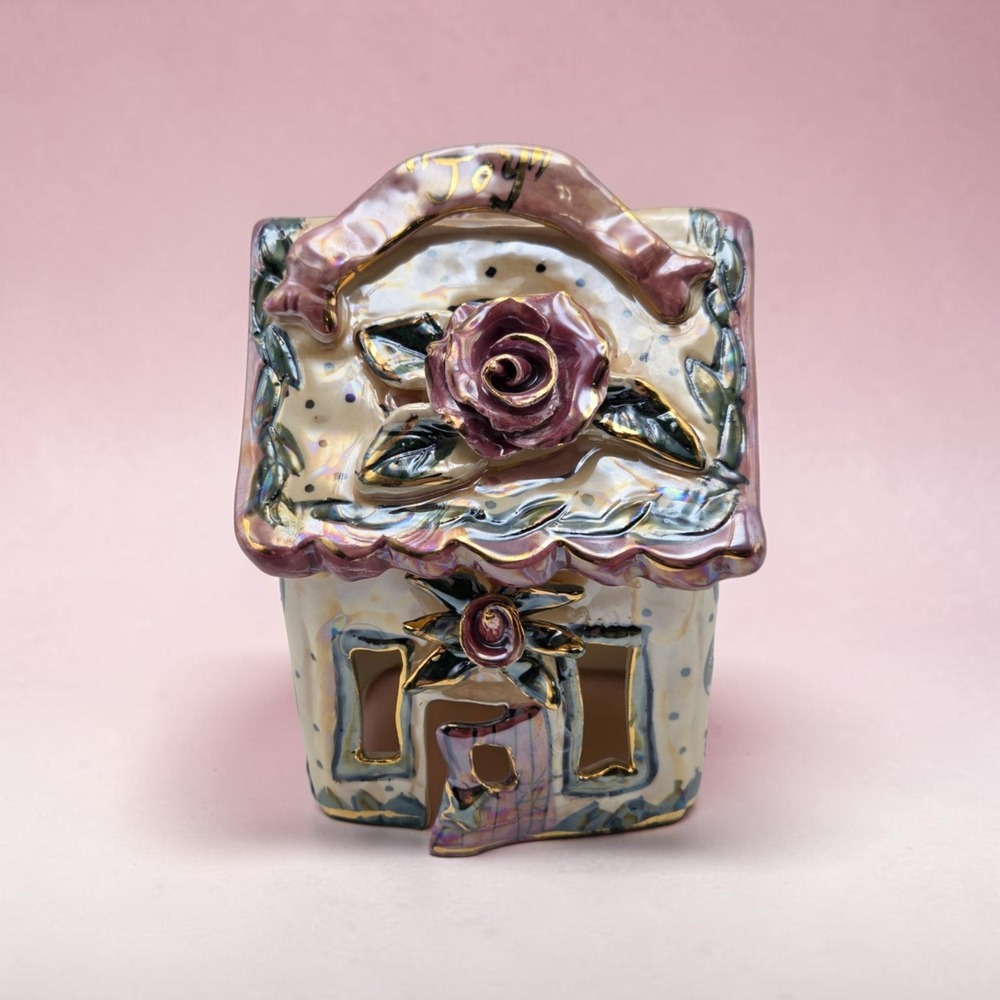 Blue Sky Clayworks By Heather Goldminc "Joy" Rose Tea Light House Candle Holder